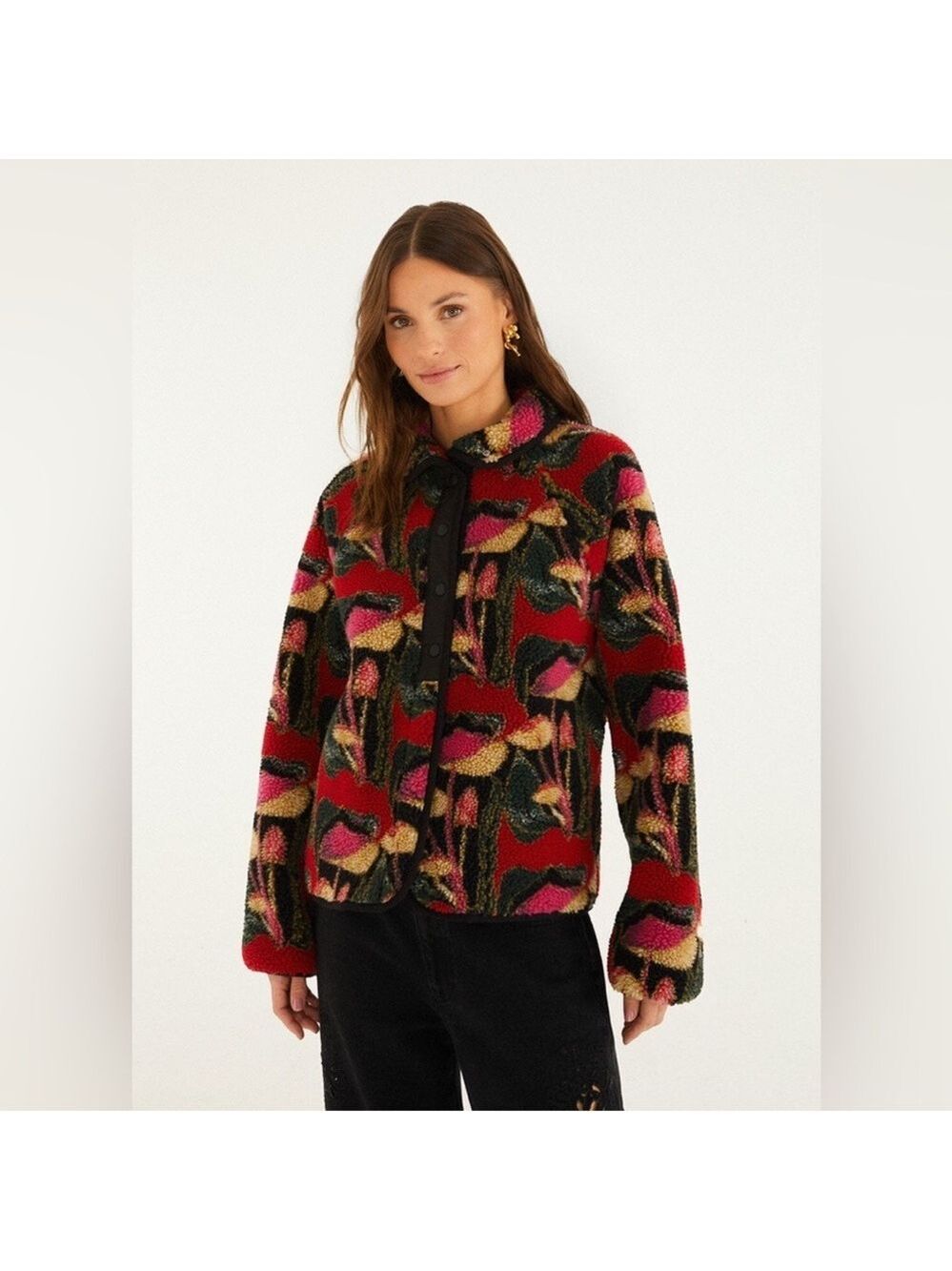 Farm Rio Black Wild Mushrooms Fleece Bomber Jacket - Picture 1 of 9